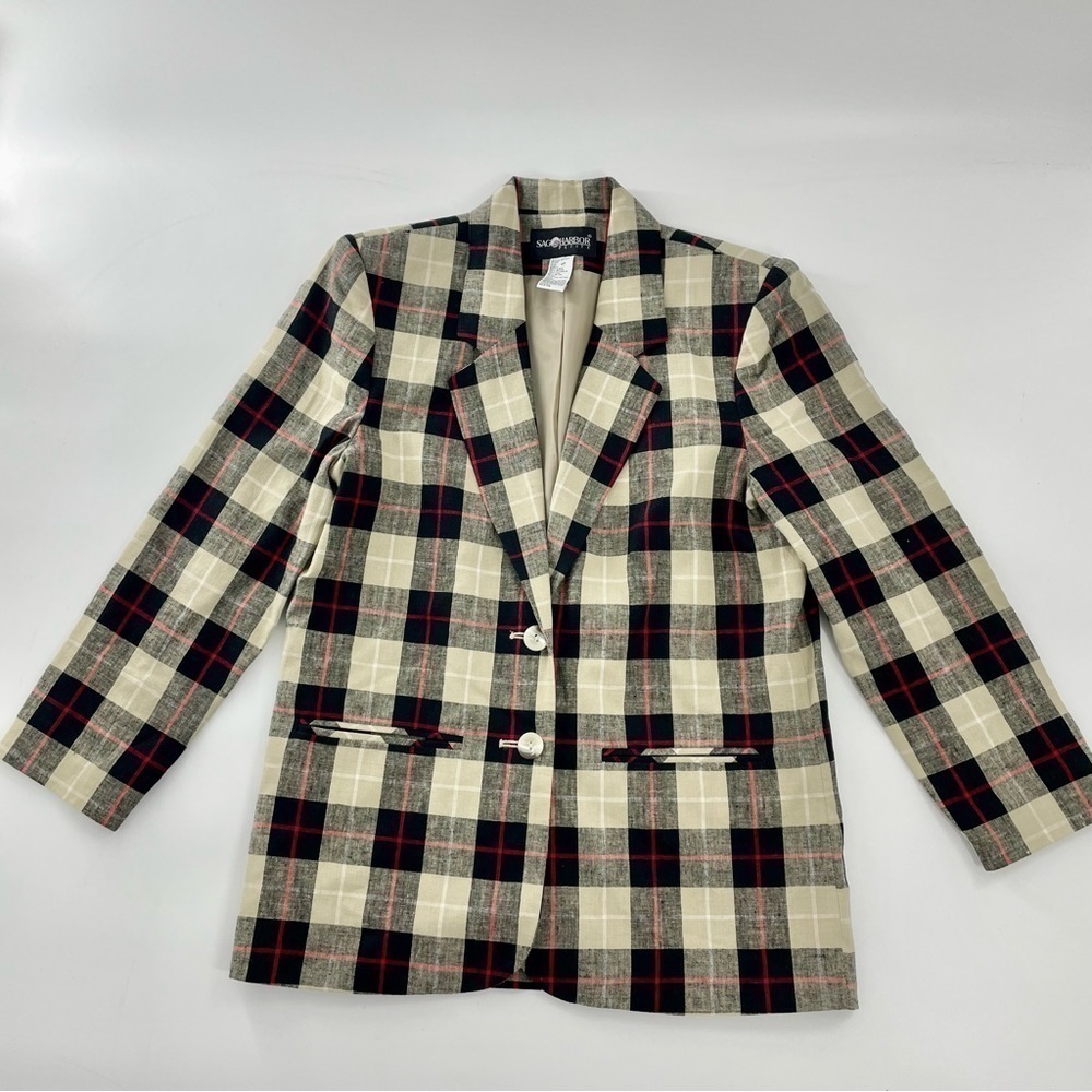SAG HARBOR plaid‎ vintage Linen Neutral Check Plaid Retro Long Line Blazer 6P - Picture 3 of 11